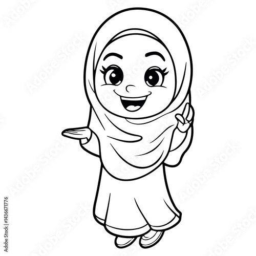 Happy muslim girl child wearing hijab smiling cartoon illustration kid joy cute line black white
