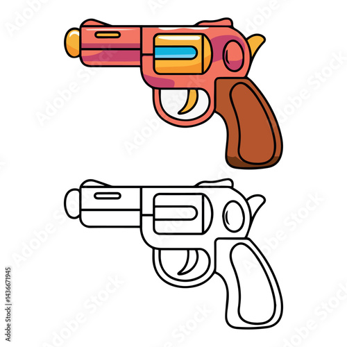 Colorful cartoon revolver gun illustration with outline toy fun kids pink cute play game image brown