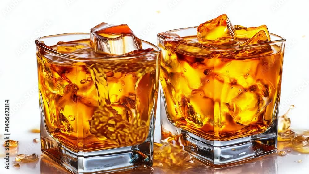 Close-up of two glasses filled with whiskey and ice cubes against a bright white background, showcasing a refreshing and elegant beverage