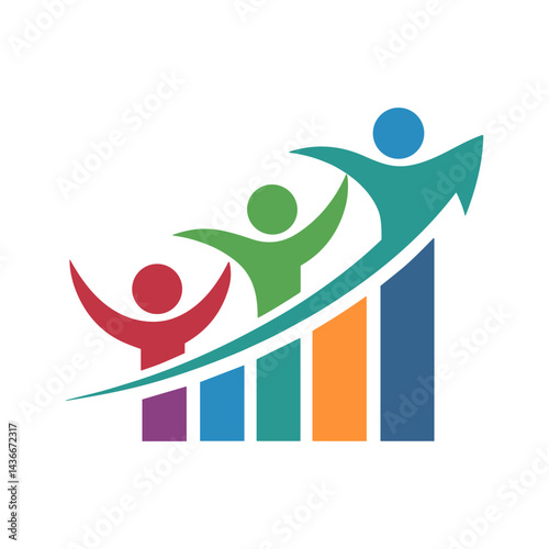Rising Together: An illustration symbolizing growth, progress, and upward trajectory of a team's journey towards their goals. Featuring stylized figures, set against a vibrant backdrop.