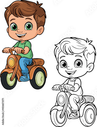 Happy little boy riding a tricycle cartoon illustration fun kid bike cute kids play child image green