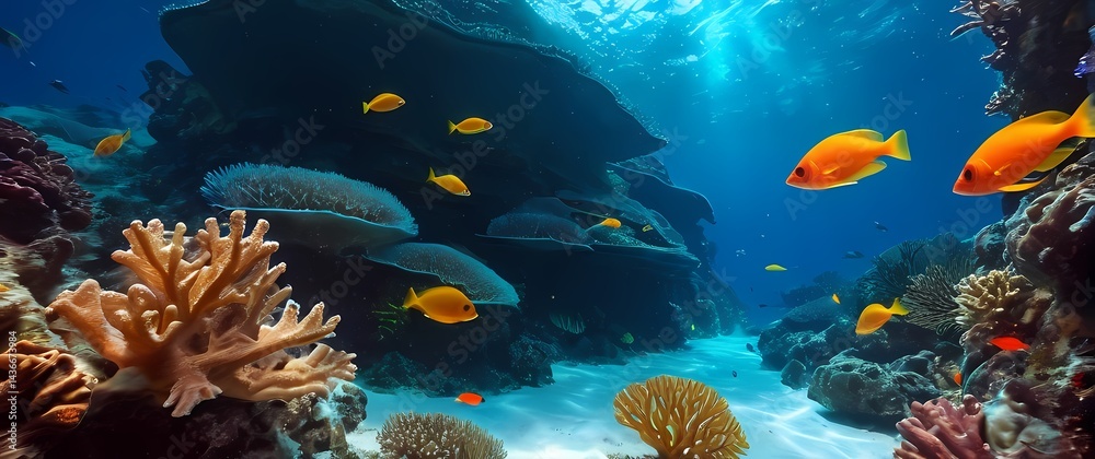 Fototapeta premium Sunlit coral formations teeming with neon fish beneath crystal clear warm tropical ocean waves