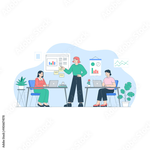 Strategic Collaboration: A dynamic illustration captures a vibrant brainstorming session, where a team exchanges insights, contributing to a collective goal. The image highlights unity.