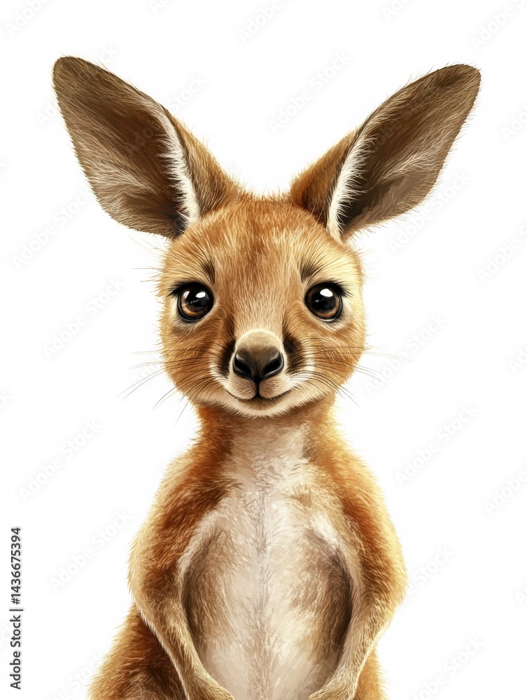 Cute baby kangaroo, standing up with trunk raised in the air, white background, no shadows on the ground, cute baby face, happy expression, close-up of the head and body, format, no text or other Cute baby kangaroo, standing up with trunk raised in the air, white background, no shadows on the ground, cute baby face, happy expression, close-up of the head and body, format, no text or other