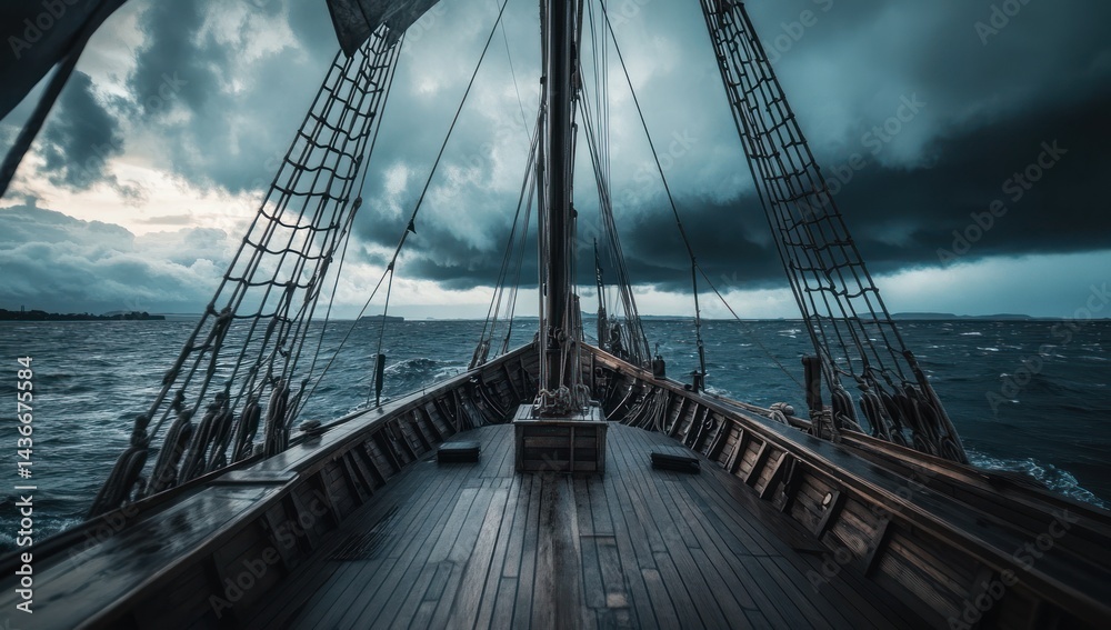 Fototapeta premium Ancient Sailing Vessel Braving a Stormy Sea