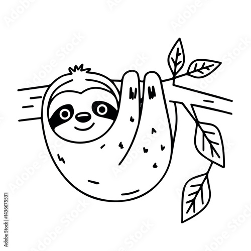 Adorable sloth hanging on tree branch cute cartoon illustration lazy icon logo kids baby black white