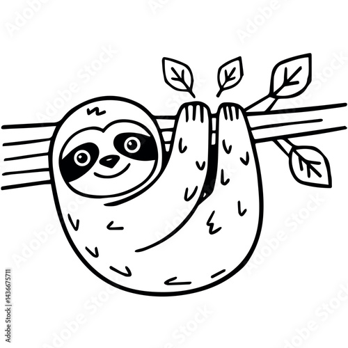 Adorable happy sloth hanging on branch with leaves art cute tree line lazy icon black white funny