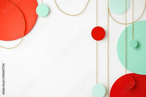 Abstract composition features colorful circles suspended from th