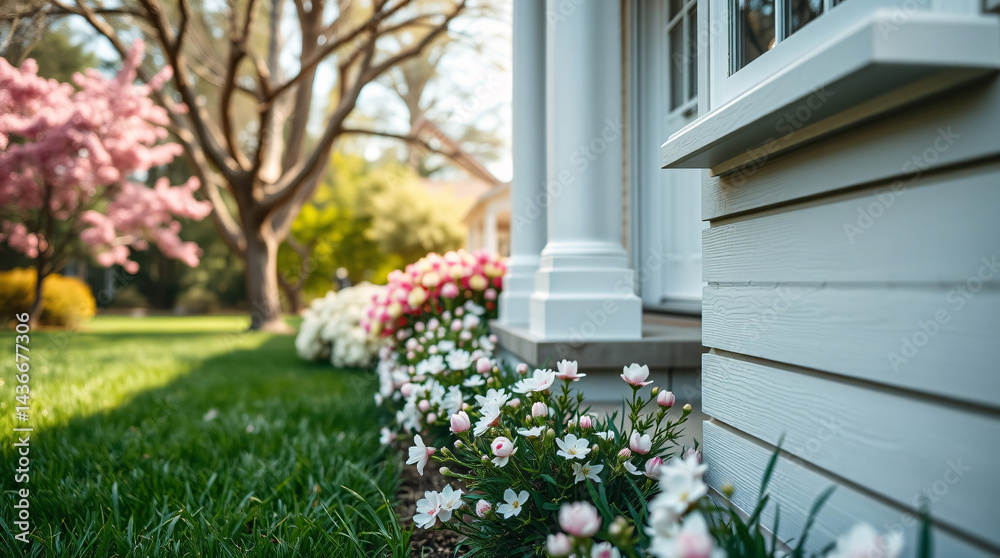 Fototapeta premium Charming house exterior with a vibrant garden of blooming flowers, showcasing a serene and inviting spring atmosphere.