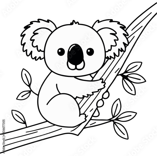 Adorable koala bear sitting on tree branch illustration art cute line baby cute kids black