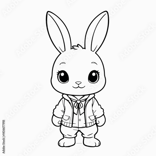 Adorable cartoon bunny rabbit wearing cute jacket outfit fun line kids baby white black
