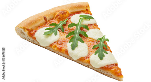 Isolated slice of delicious Italian pizza topped with mozzarella and arugula on a dark background