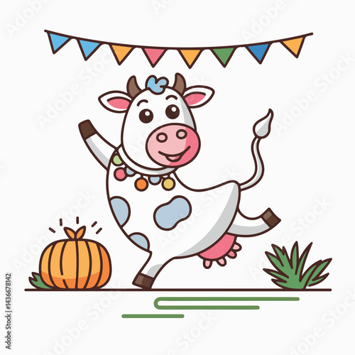 Happy cartoon cow dancing near a pumpkin with bunting fun cute farm fall kids child white