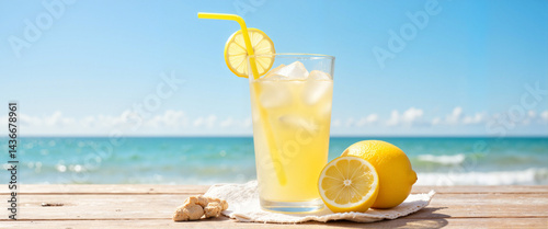 Refreshing lemonade on wooden table by the beach, summer indulgence