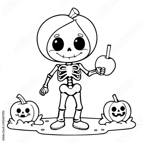 Cute halloween skeleton kid with candy apple and pumpkins fun art sweet treat black white