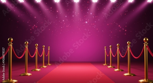 Elegant red carpet entrance with golden stanchions and ropes under bright stage lights, vibrant pink background creates a luxurious atmosphere