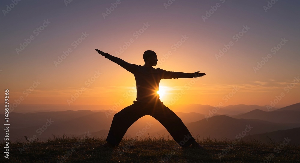 Silhouette of person in warrior pose with arms extended against a vibrant sunset landscape view Silhouette of person in warrior pose with arms extended against a vibrant sunset landscape view