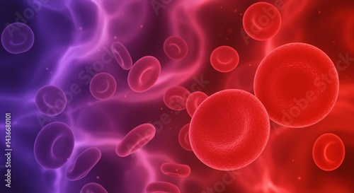 Close-up view of red blood cells surrounded by a vivid, abstract background of purple and red colors, creating a vibrant and dynamic atmosphere
