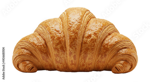 A golden brown, flaky croissant displays its intricate layers and buttery texture, on a dark surface