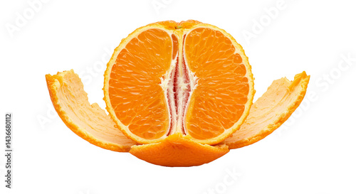 Vibrant close-up showcases the juicy segments of a halved orange with its peel partially removed.