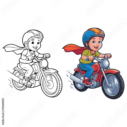 Happy child riding a red motorcycle with cape boy fun kid joy bike speed power image young