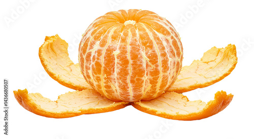 Close up on vibrant orange mandarin orange, peeled and presented against a stark black background