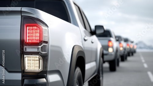 A line of pickup trucks driving on a road, tail lights illuminated, creating a sense of convoy.