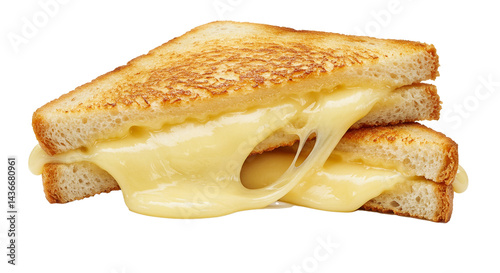 A close-up captures the gooey, melted cheese oozing from a golden brown grilled cheese sandwich.