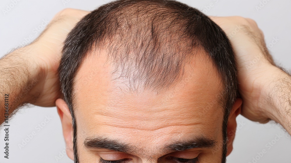 Fototapeta premium Close-up, man with hands on head, showing thinning hair, concerned expression.