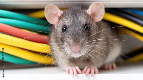 A rat looking out from behind colorful electrical wires, with its paws and nose visible.