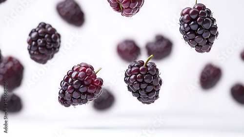 Fresh tasty blackberries falling on a white background.