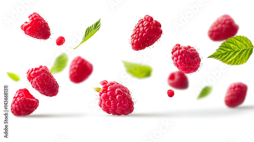 Fresh tasty rasberries falling on a white background.