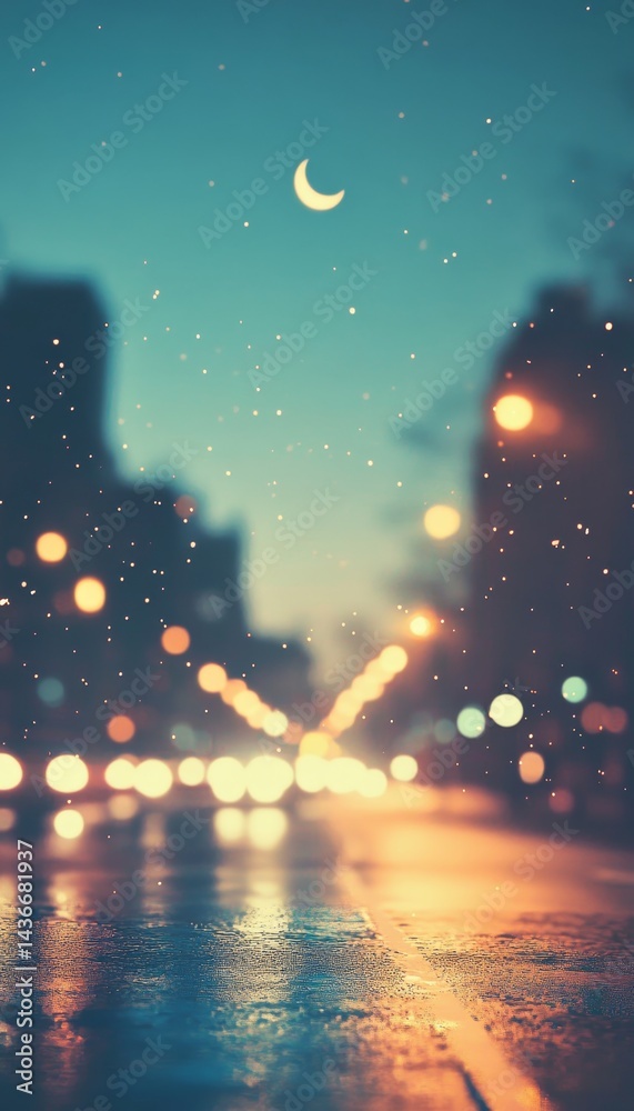 Twilight city skyline with soft blurs, warm streetlight glow, crescent moon, and tranquil ambiance Twilight city skyline with soft blurs, warm streetlight glow, crescent moon, and tranquil ambiance