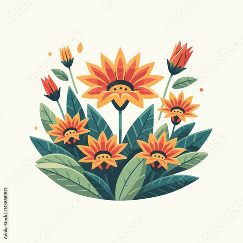 plant, nature, bright, yellow, gazania, garden, flower, floral, blossom, summer, colorful, bloom, beautiful, flora, blooming, orange, botany, petal, beauty, green, color, red, daisy, spring, gardening