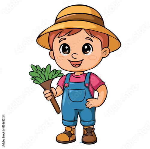 Cute little gardener boy holding plants wearing hat kid fun blue child happy green young