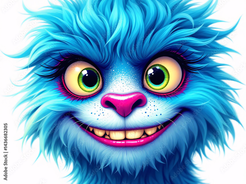 Obraz premium Blue furry monster with big yellow-green eyes, pink nose, and a cheerful smile.