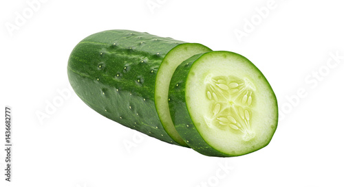 Fresh green cucumber isolated, displaying two juicy slices and a crisp texture on black surface.