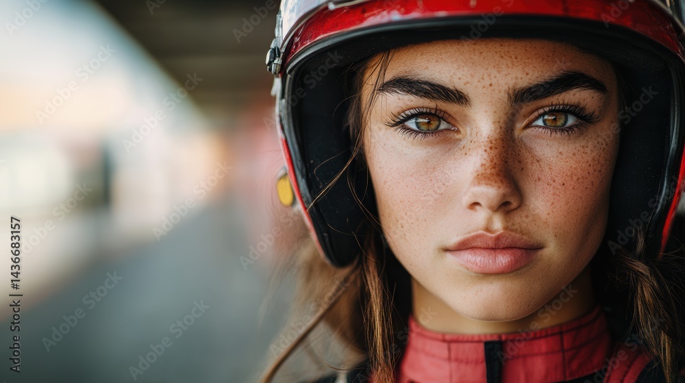 Focused Race Car Young Pretty Woman Driver in Red Preparing for a Championship