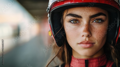 Obraz na płótnie Focused Race Car Young Pretty Woman Driver in Red Preparing for a Championship w salonie