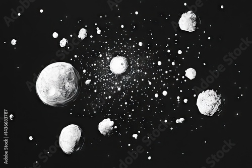 Celestial bodies in space.  A stylized depiction of a galaxy or nebula, with various sized planets and stars