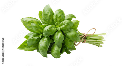 Fresh basil herb bunch, tied elegantly with natural twine, showcasing vibrant green leaves on black.