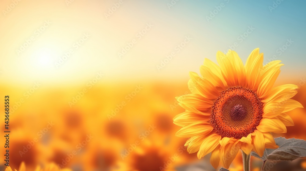 Fototapeta premium Vibrant Single Sunflower in a Golden Field at Sunset Warm Hues Bright Yellow Petals Summer Bloom Nature Photography