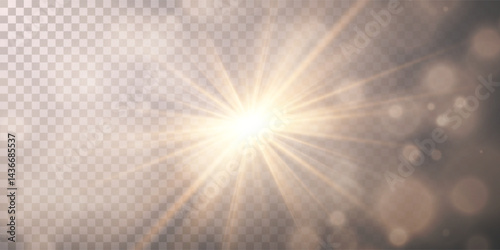 Sun Light Burst with Soft Glow, Radiant Golden Rays, and Bokeh on Transparent Background, Ideal for Celebration, Nature, or Holiday Designs and Web Projects. Vector Illustration