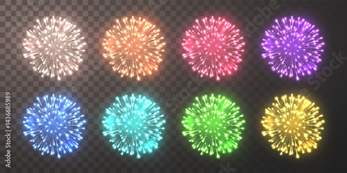 Bright Sparkling Fireworks Set in White, Red, Blue, Green, and Yellow Colors on Dark Transparent Background, Perfect for Celebrations, Parties, and Holidays. Vector Illustration
