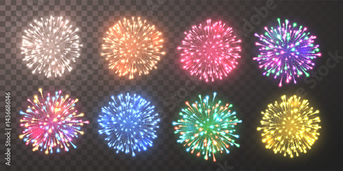 Colorful Fireworks Explosion Collection on Transparent Background for Celebration, Holiday, Party, and Festival Design. Bright Multicolor Light Bursts. Vector Illustration