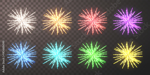 Colorful Fireworks Explosion Collection on Transparent Background for Celebration, Holiday, Party, and Festival Design. Bright Multicolor Light Bursts. Vector Illustration