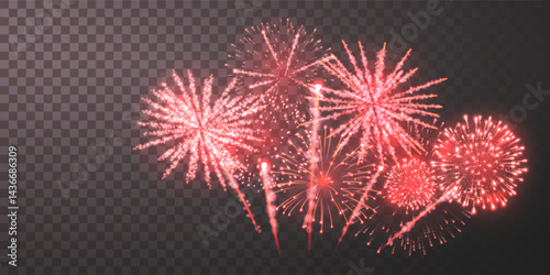 Red Fireworks Display with Bright Glowing Sparks on a Transparent Background, Perfect for Celebration, Party, and Festival Designs, Independence Day, or New Year Events. Vector Illustration