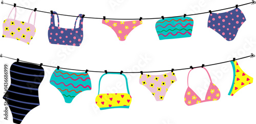 summer swimsuits hanging on clothesline cartoon colorful beachwear collection, cute bikini elements isolated on white background for pool party and vacation design