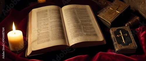 Open historic Bible resting on velvet cloth illuminated by flickering candle surrounded by ancient religious artifacts