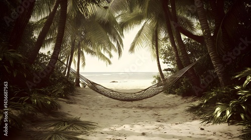Serene Beach Landscape with Hammock Surrounded by Lush Palms